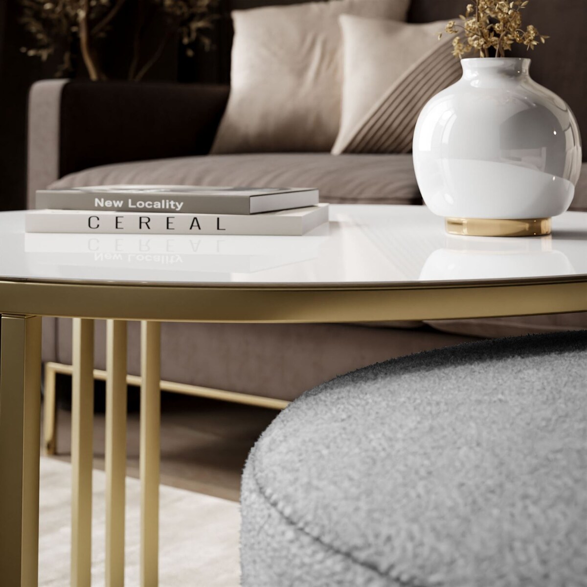 Stolik kawowy z pufą LORI GLASS złoto szczotkowane, białe szkło / Perfect Harmony 82