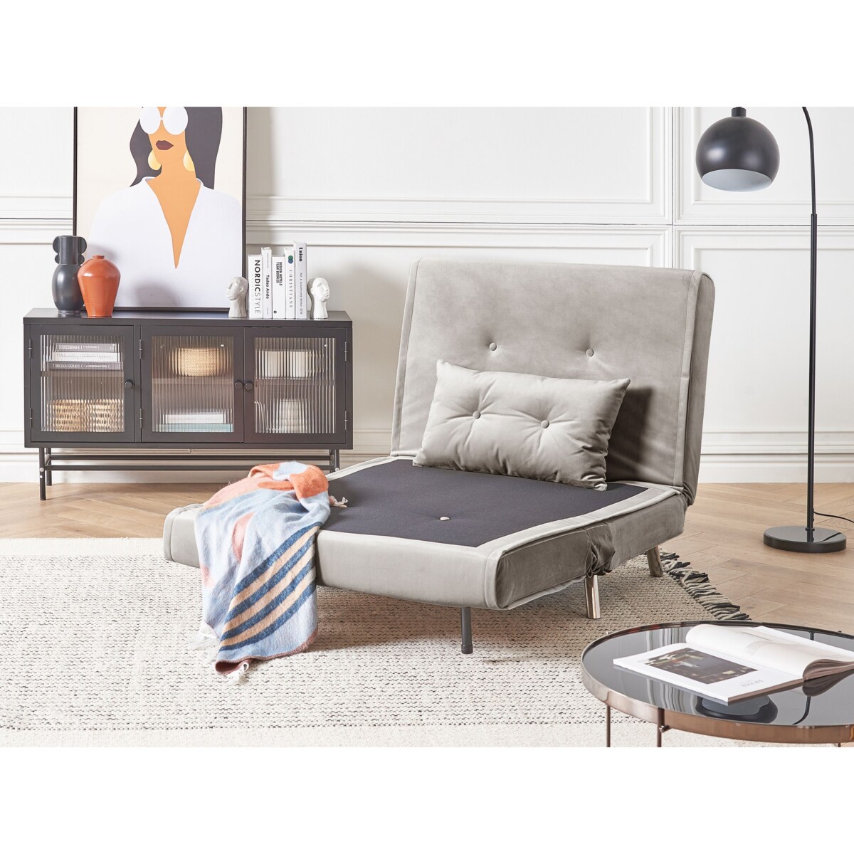 Sofa rozkładana welurowa jednoosobowa jasnoszara FARRIS