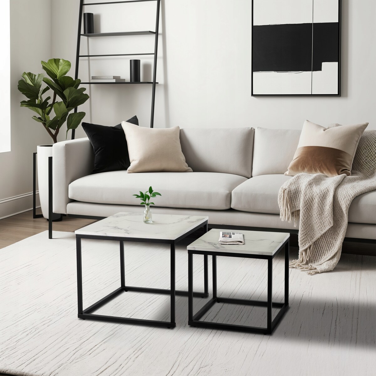 Stolik Kawowy Kwadratowy Marmur Biały Zestaw 2w1 Ława Glamour Biała ORI