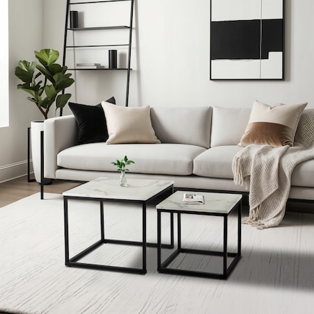 Stolik Kawowy Kwadratowy Marmur Biały Zestaw 2w1 Ława Glamour Biała ORI