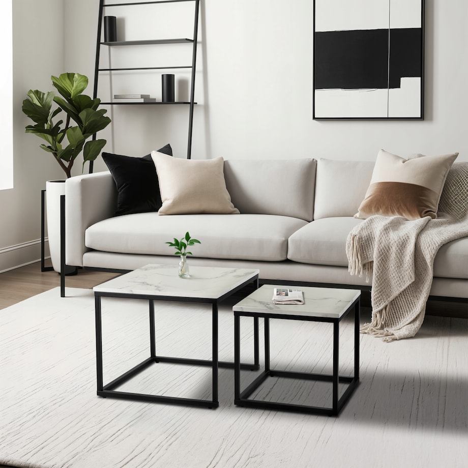 Stolik Kawowy Kwadratowy Marmur Biały Zestaw 2w1 Ława Glamour Biała ORI