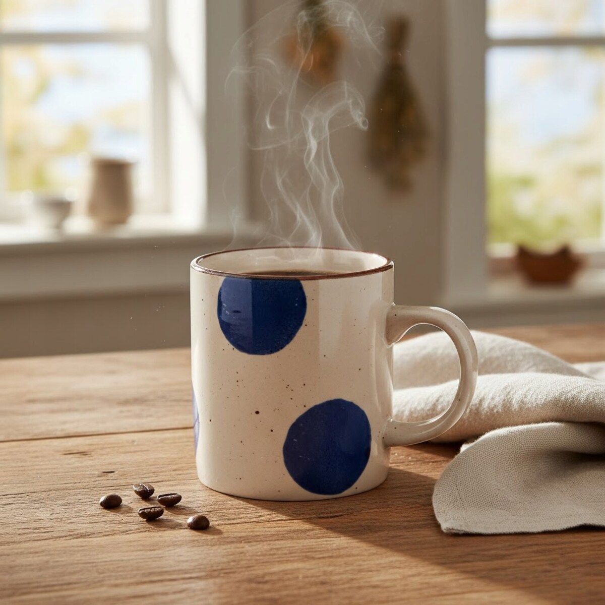 KUBEK CERAMICZNY W KROPKI 300ml BEŻOWY DO KAWY HERBATY Z UCHWYTEM NA KAWĘ