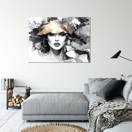 Obraz czarno złoty do salonu sypialni, Kobieta i liście na głowie 60x40