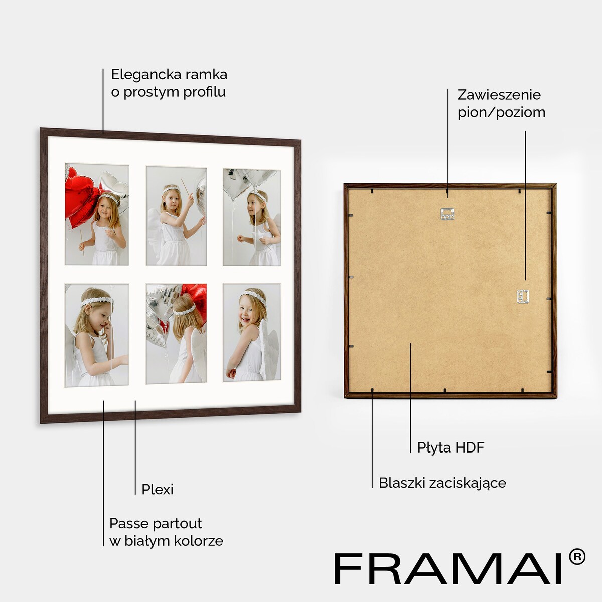 Ramka na zdjęcia 6x 10x15 cm brązowa galeria zdjęć multirama collage 40x40 cm FRAMAI