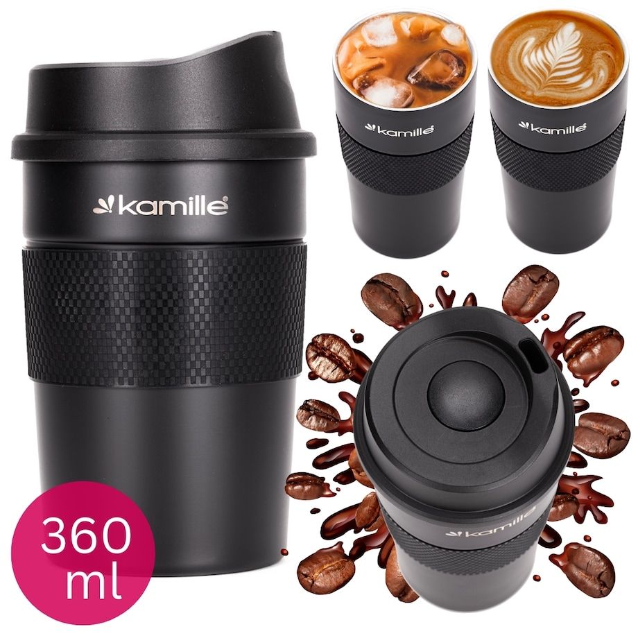 Czarny mały kubek termiczny na kawę 360ml KAMILLE