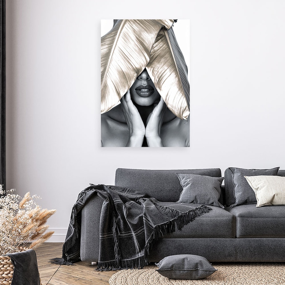Obraz nowoczesny do salonu sypialni, Kobieta i złote liście na głowie 70x100