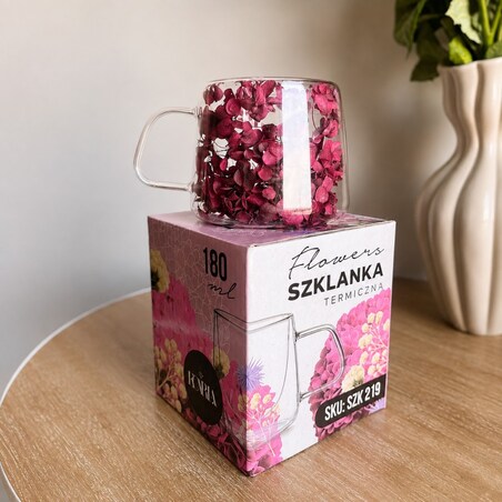 Szklanka termiczna z kwiatami w środku, pełna hortensji, burgund bordo180 ml 1szt SZK219