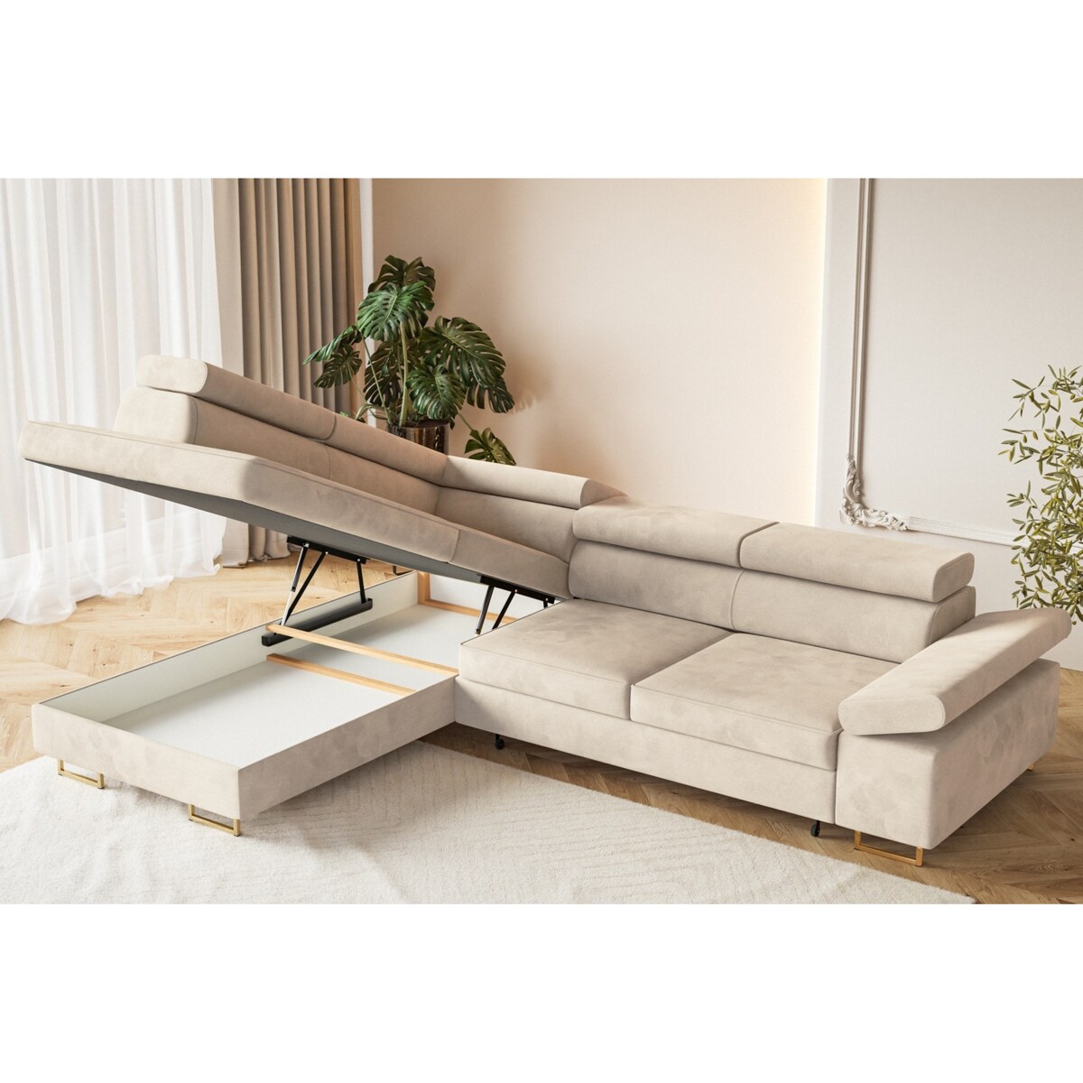 Narożnik ALEX z regulowanymi zagłówkami, lewostronny - Matt Velvet beżowy