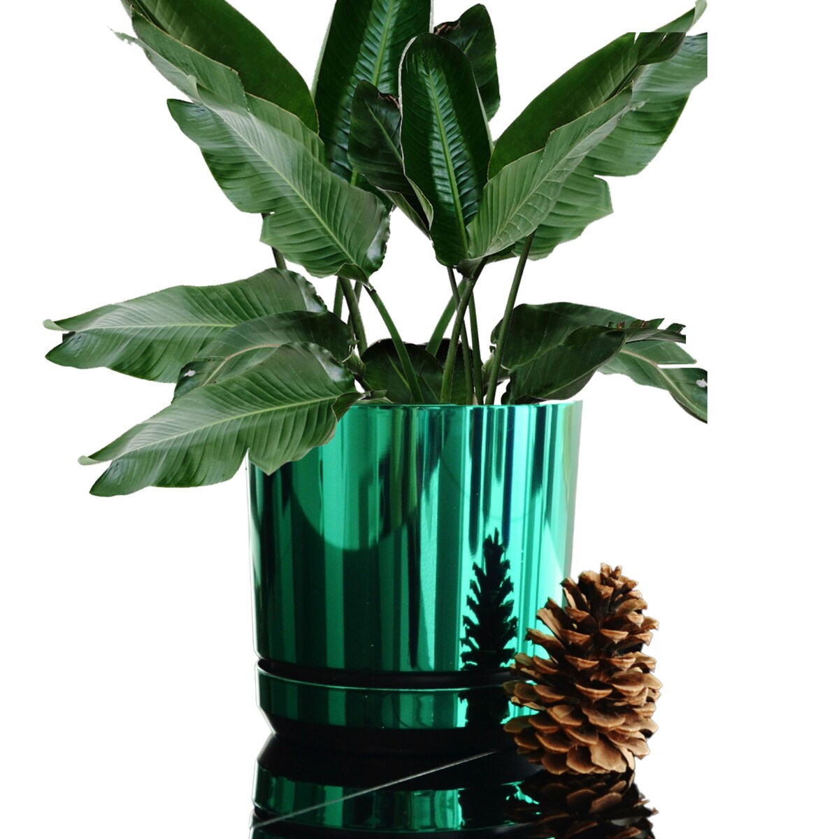 21 cm wzór ZIELONY BŁYSZCZĄCY Doniczka z podstawką nowoczesna glamour wysoki połysk metaliczny idealna do monstera orchidea