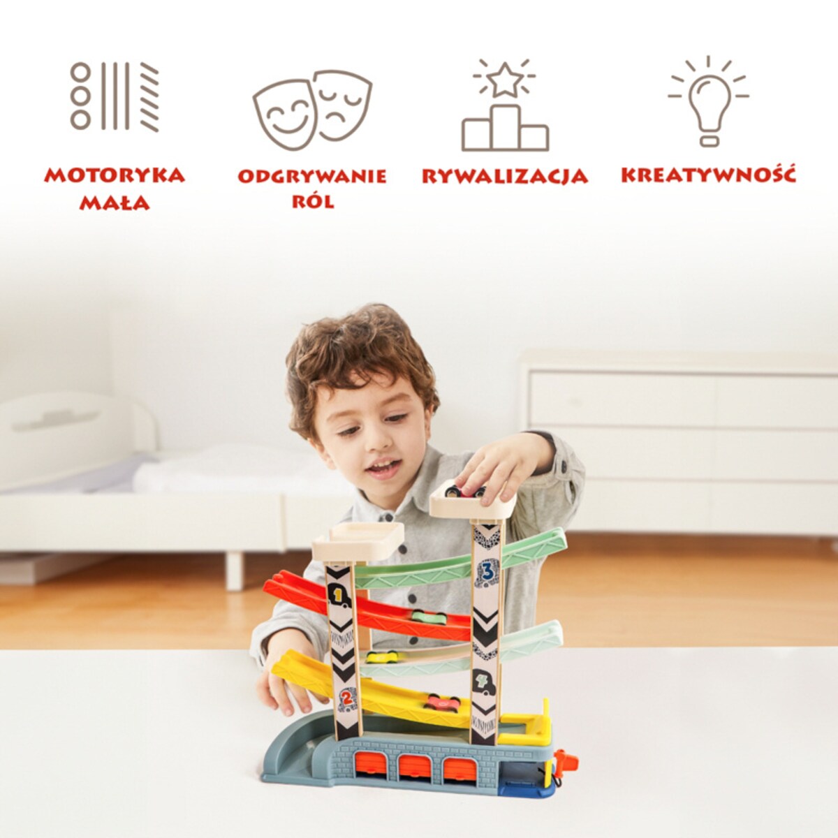 Tor wyścigowy dla dzieci – zjeżdżalnia z autami, garażami i stacją benzynową 18 mies.+ Top Bright