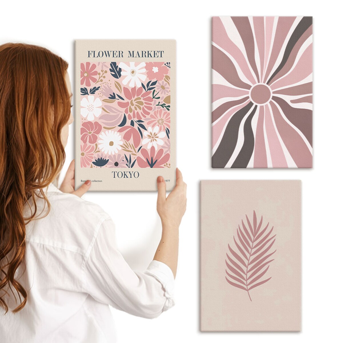 Zestaw 3 małych obrazów na płótnie - Kwiatowe wzory liści i geometria - różowy