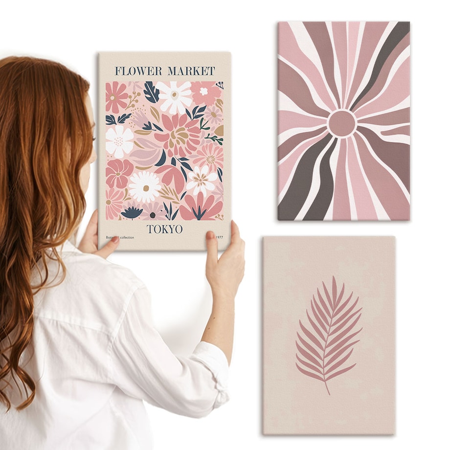 Zestaw 3 małych obrazów na płótnie - Kwiatowe wzory liści i geometria - różowy