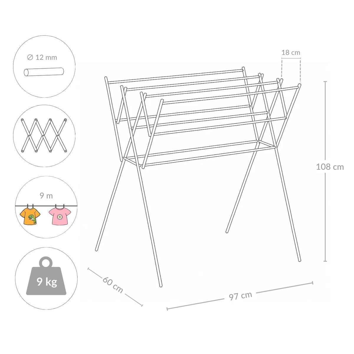 Rozkładana suszarka na pranie HARMEN, trzypoziomowa, 9 m