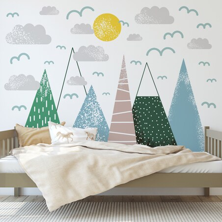NAKLEJKI NA ŚCIANĘ DLA DZIECI ZIELONE GÓRY CHMURKI SŁOŃCE PTAKI ZESTAW