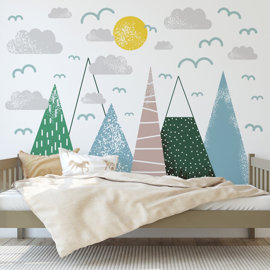 NAKLEJKI NA ŚCIANĘ DLA DZIECI ZIELONE GÓRY CHMURKI SŁOŃCE PTAKI ZESTAW