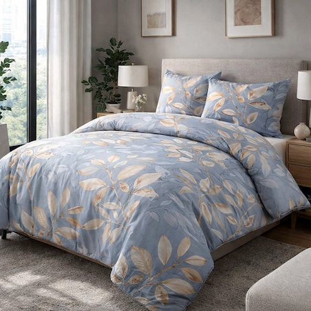 Pościel bawełniana 180x200 Sandleaf niebieska w beżowe liście, Cottonlove