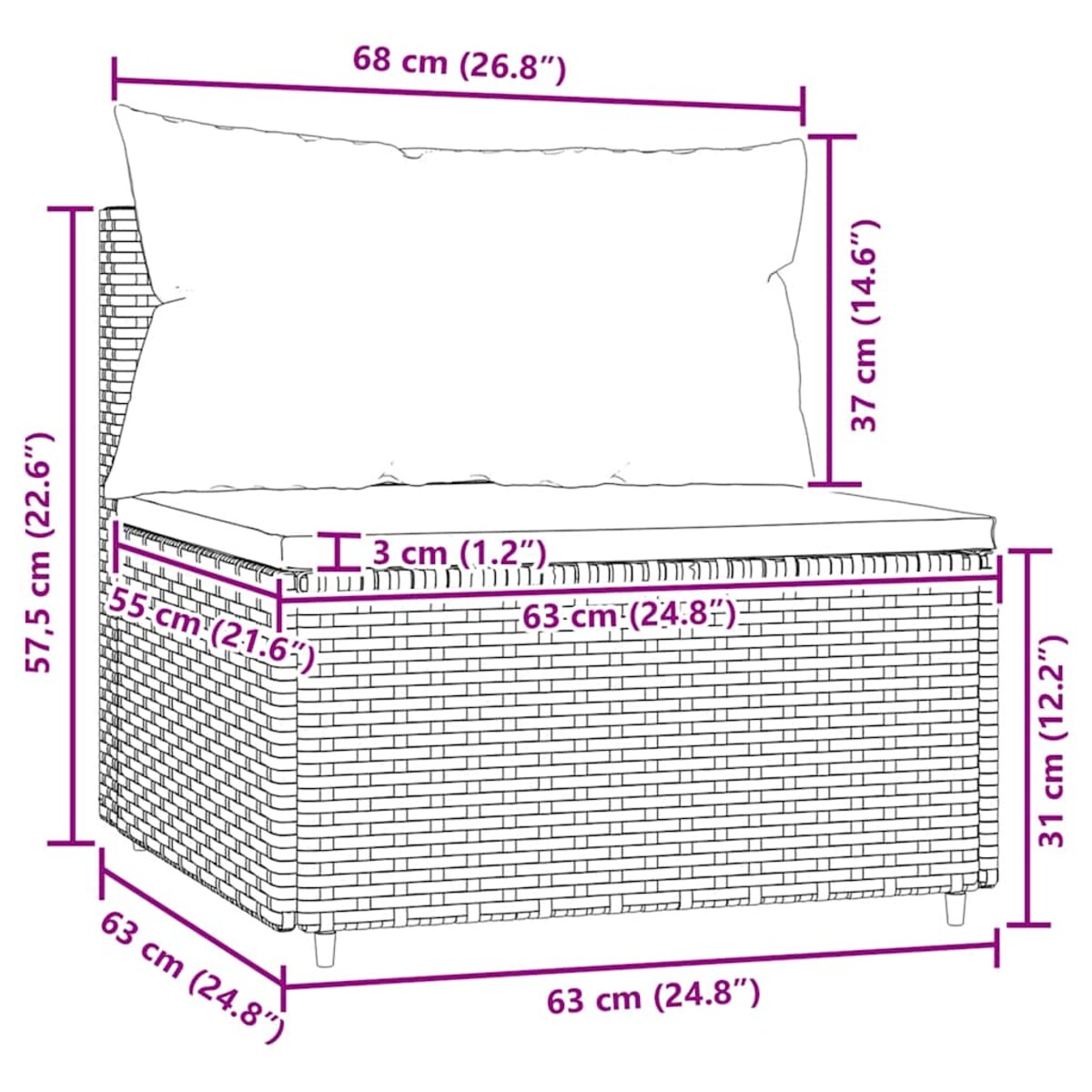 vidaXL Środkowy moduł sofy z poduszkami, czarny, polirattan