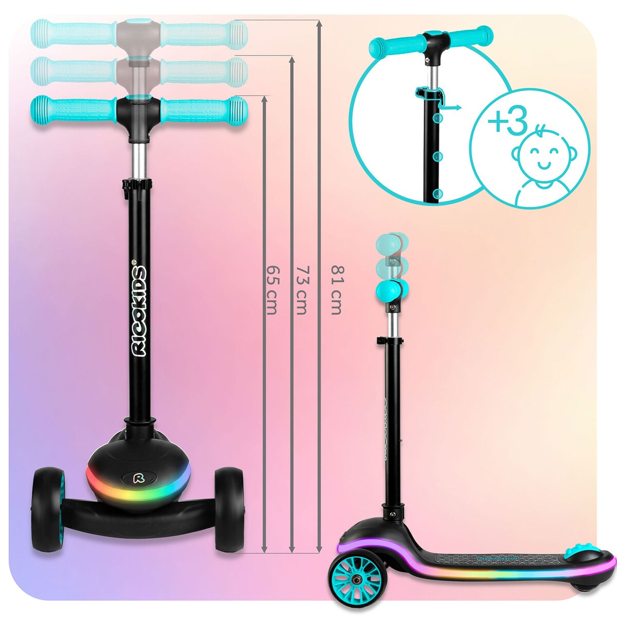 Hulajnoga dla dzieci trójkołowa Leddi czarna-turkus