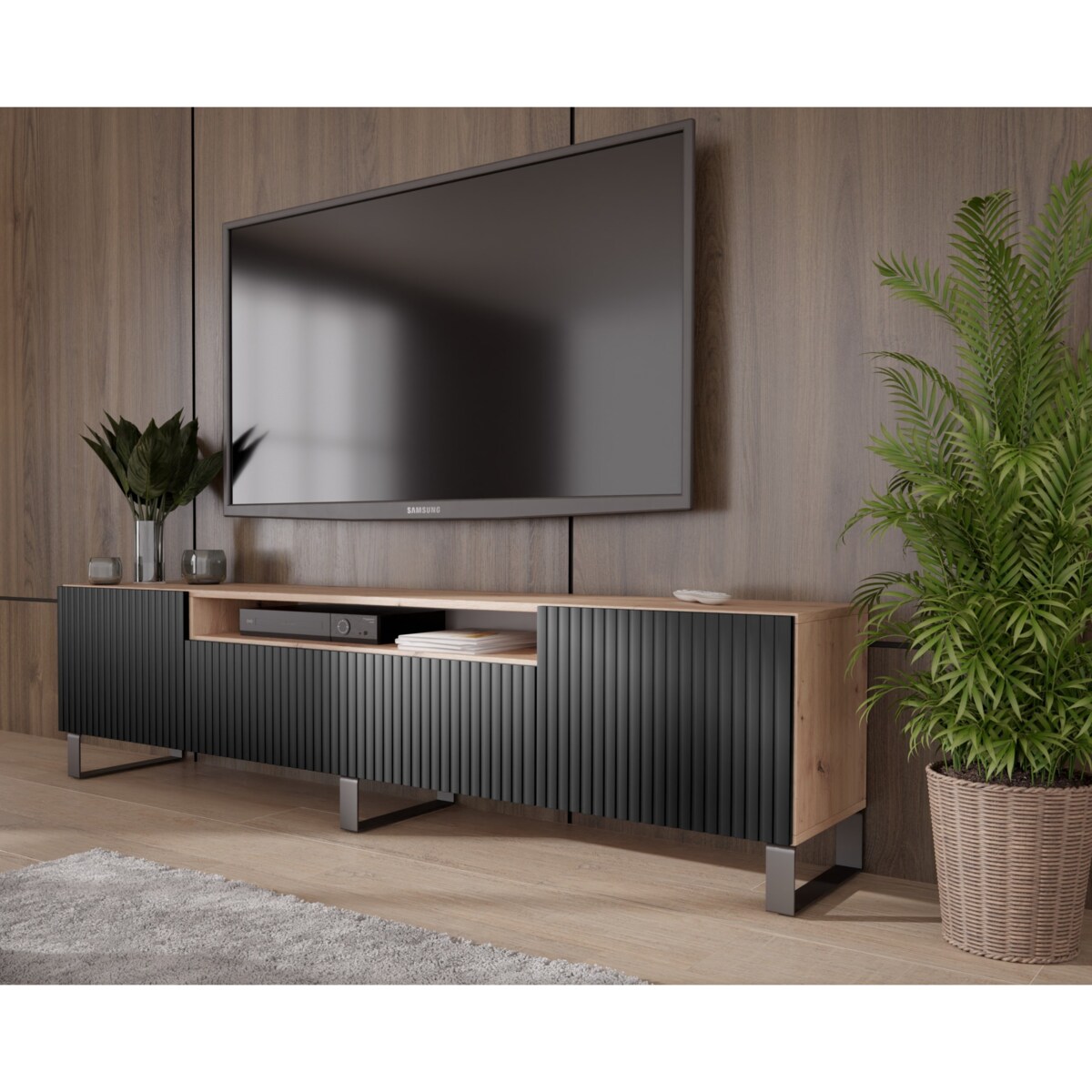 Szafka RTV MARCO na metalowych nogach, frezowane fronty-czarna-artisan