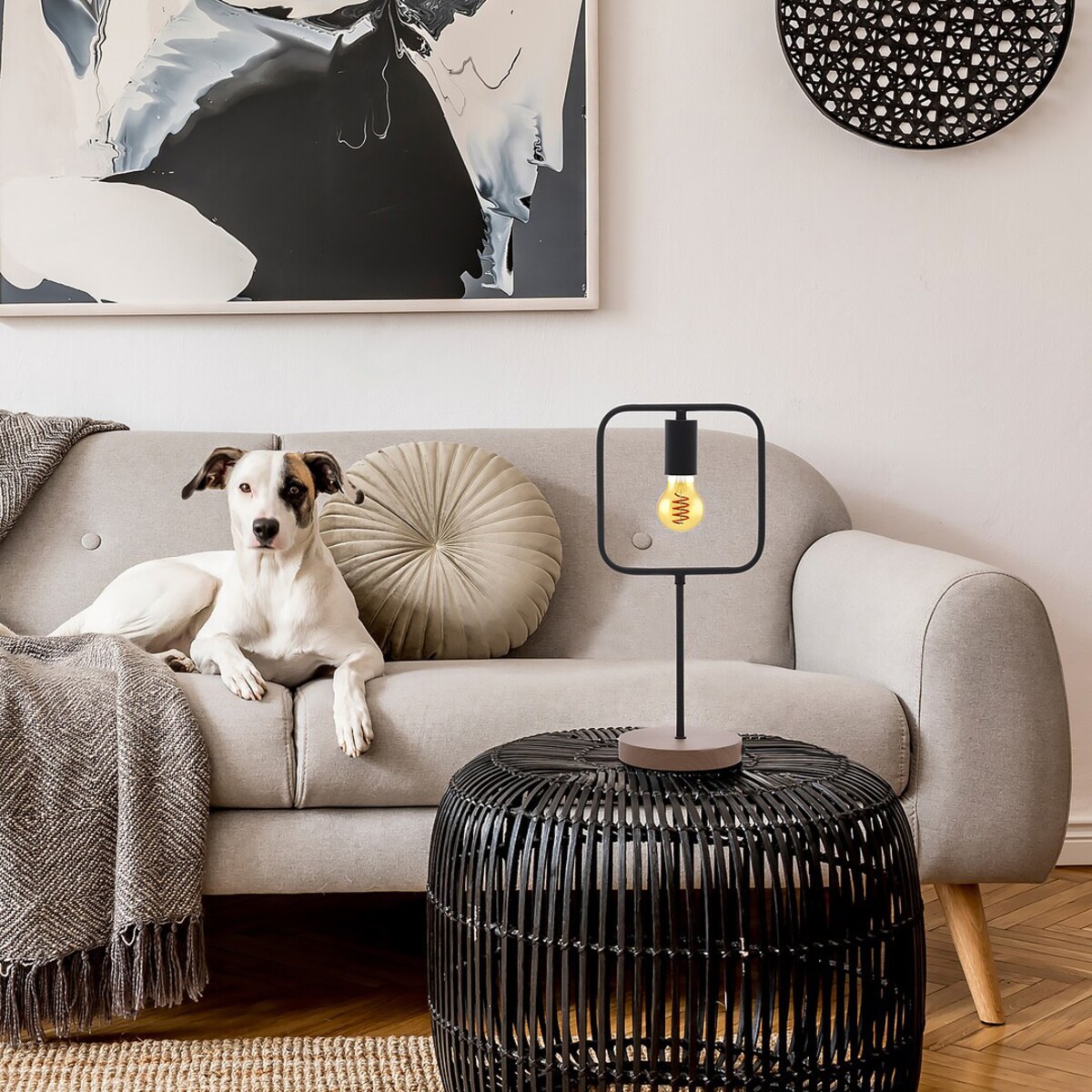 Industrialna lampka stołowa Rufin 3219 metalowa ramka czarna drewno