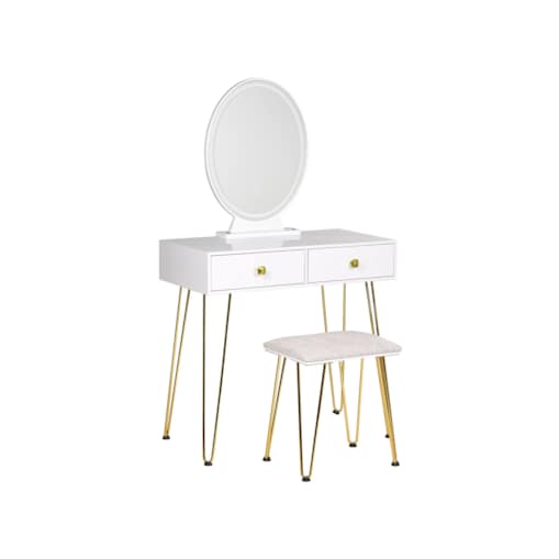 Toaletka 2 szuflady lustro LED ze stołkiem biało-złota CAEN