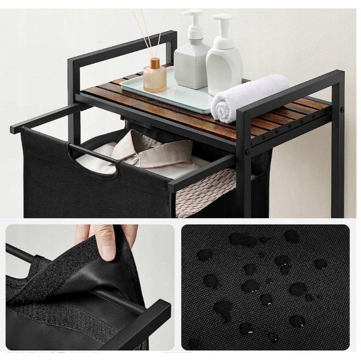 Kosz na pranie wolnostojący z półką industrialny loft drewniany retro 72 cm