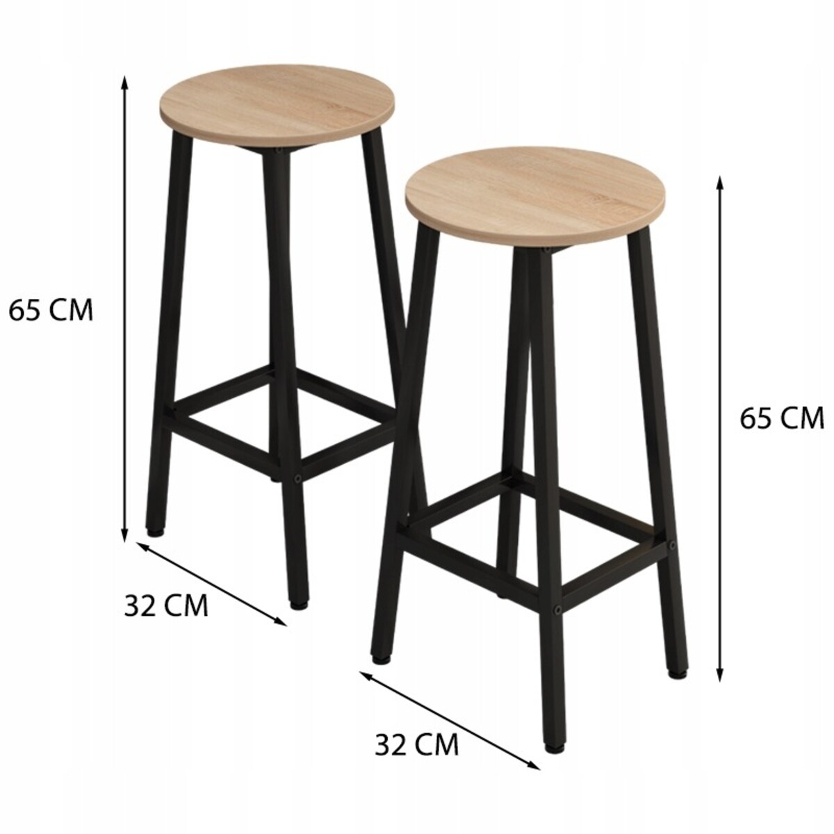2x krzesło wysokie hoker barowy kuchenny stołek taboret metalowy dąb 65 CM