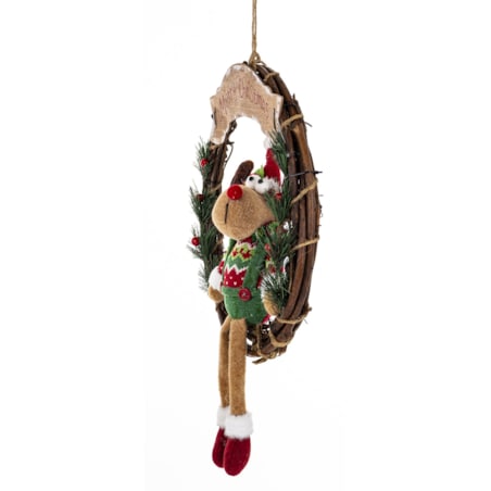 Dekoracja - figurka renifer w kole w zielonym ubranku 47x33x10 cm