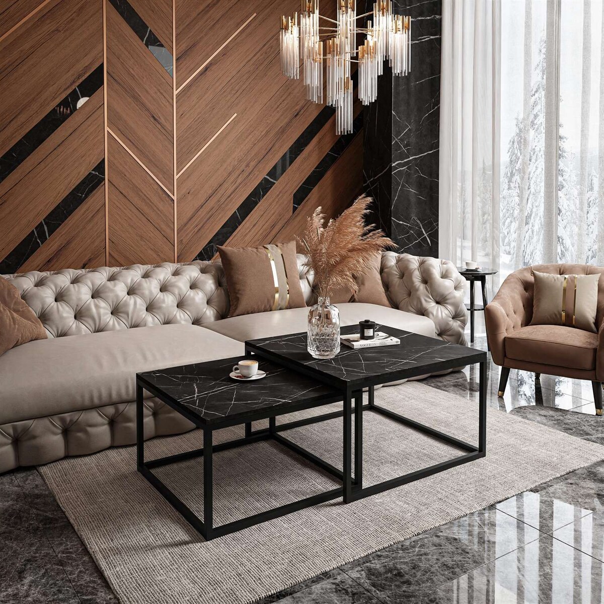 Stolik kawowy ława YOSHI 2w1 czarny grigia pietra czarna 40/46 cm