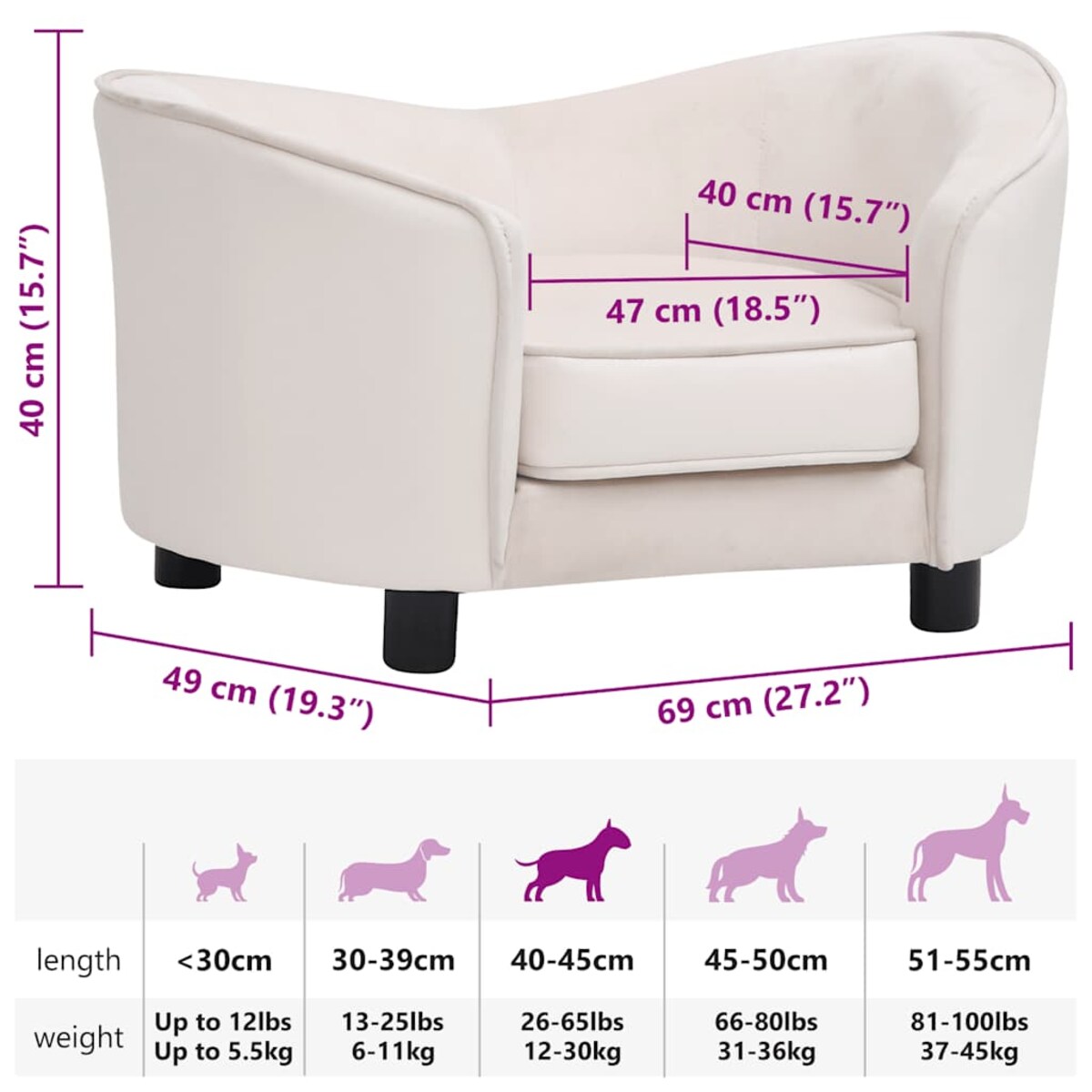 vidaXL Sofa dla psa, kremowa, 69x49x40 cm, plusz i sztuczna skóra