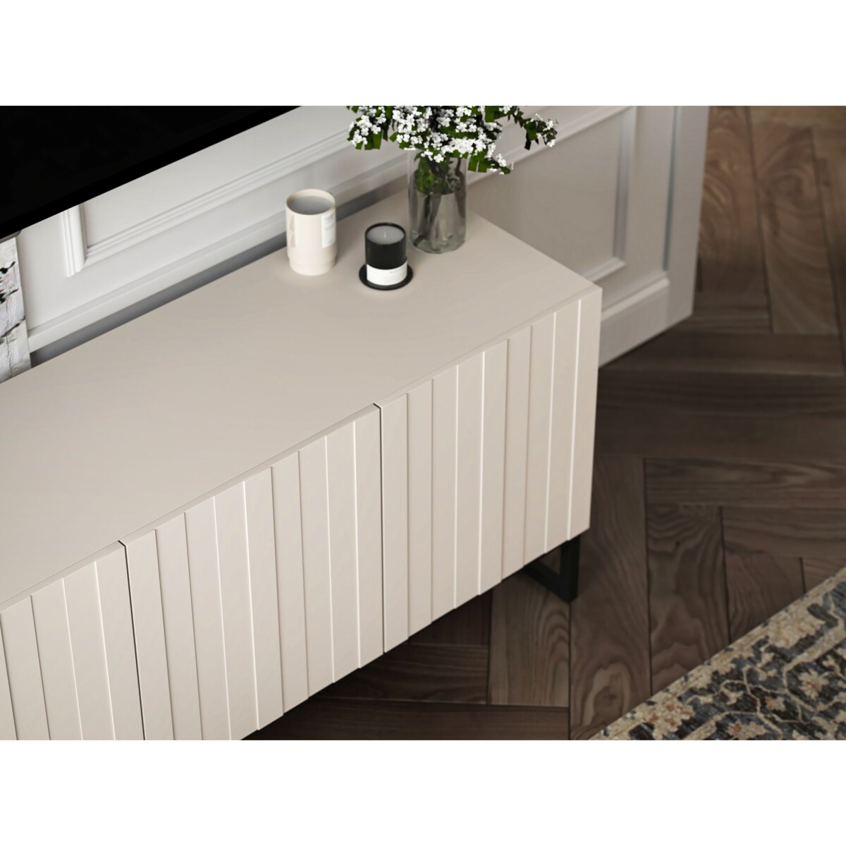 Szafka RTV Kaszmir Mat Nowoczesna Komoda RTV Loft Ryflowane Fronty Glamour 150 cm