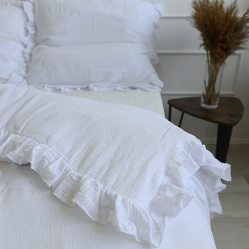Pościel Muślinowa Z Falbanką Komplet Zestaw Do Sypialni Biała 180X200 Cm + 2 Poduszki 70X80 Cm