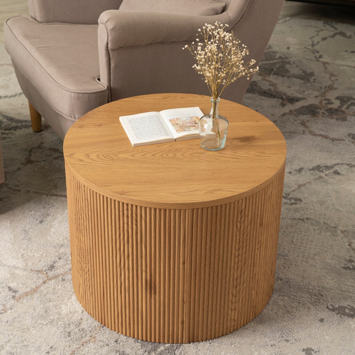 Stolik Kawowy Okrągły Loft Mały Dąb Lamel Nowoczesny Okrągła Ława CLOVER