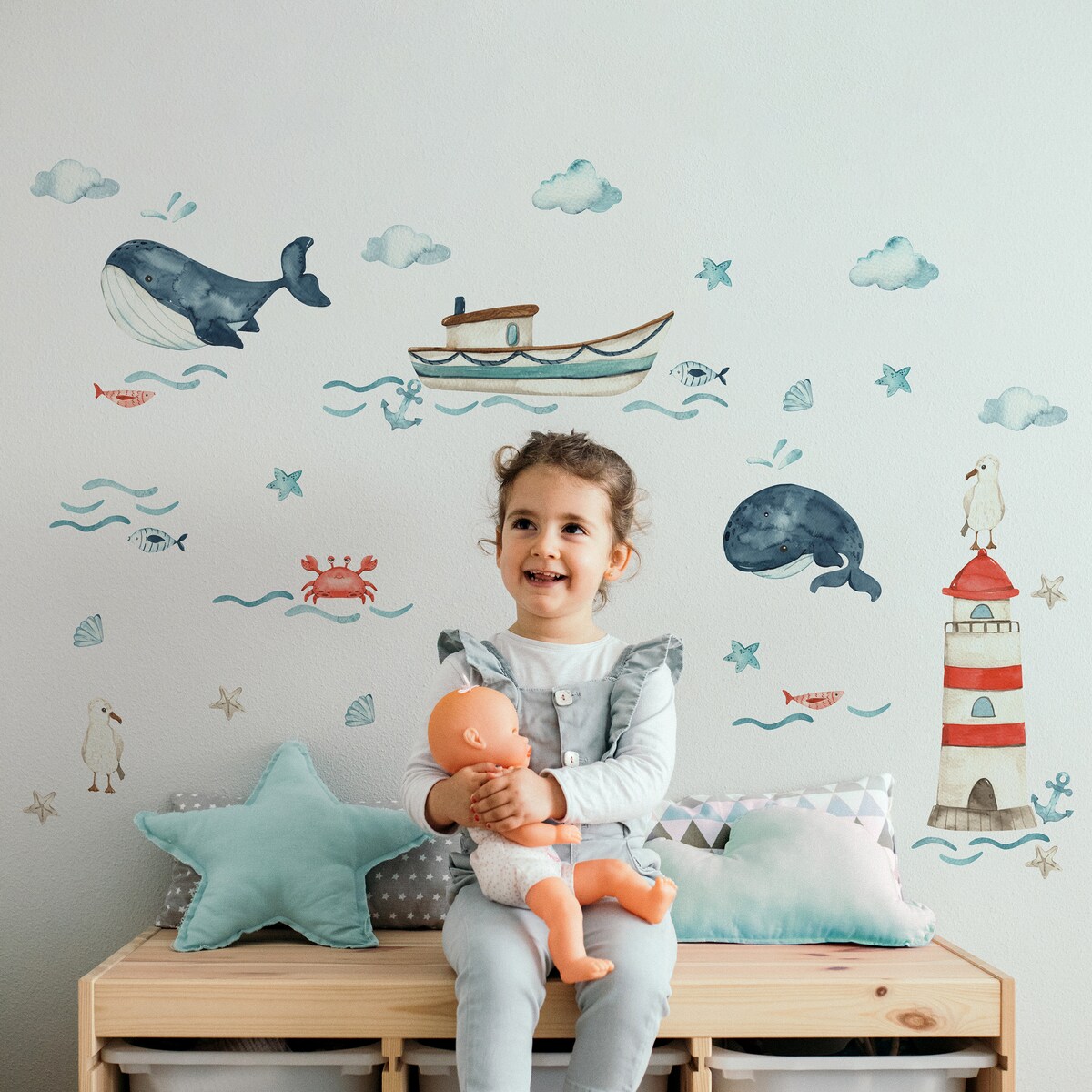 Naklejki Dla Dzieci Wieloryby MORZE Chmurki Ryby Mewy Muszelki ZESTAW 120x60cm