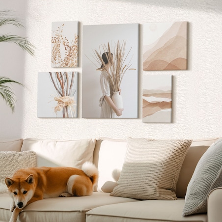 Zestaw 5 obrazów na płótnie - Stylowe boho rośliny krajobrazy - beżowy