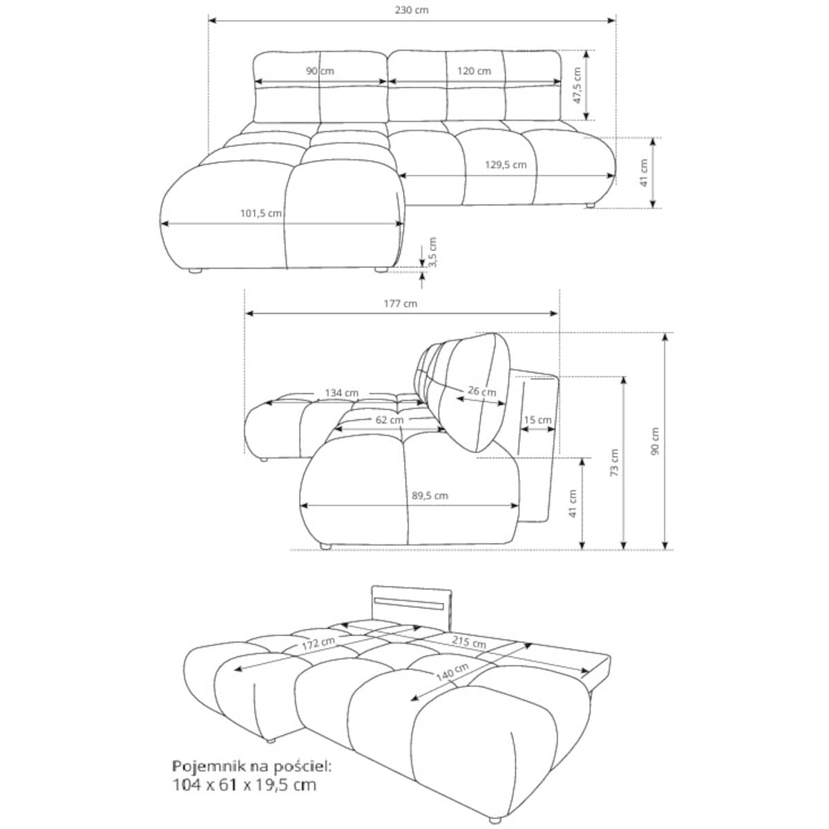 Pikowany Narożnik MILA rozkładany bez boczków prawy ciemnobeżowy
