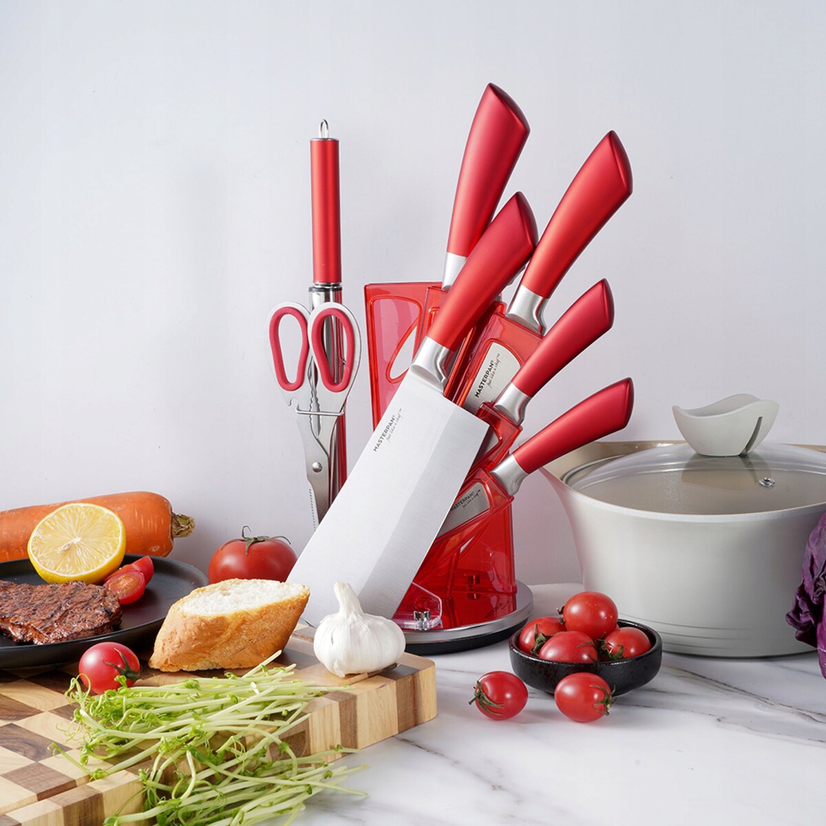 Zestaw Komplet Noży Kuchennych W Stojaku 8 Szt. Ostrzałka Nożyczki Ostre