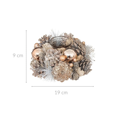 Świecznik z szyszek i bombek, złoty