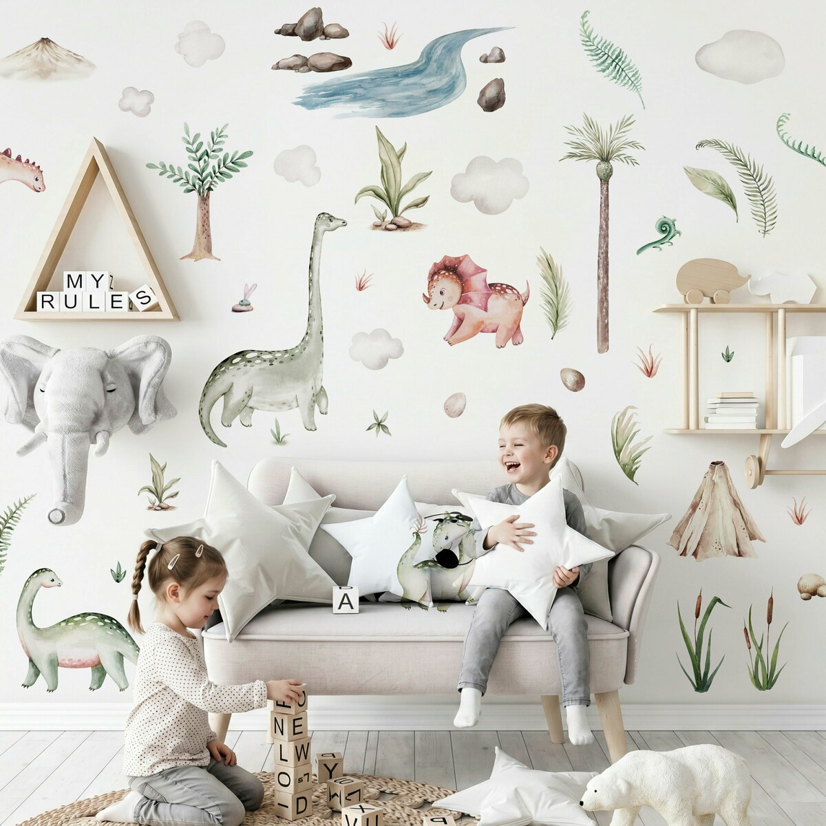 Naklejki Na Ścianę Dla Dzieci Dinozaury Wulkany Palmy Chmurki Boho Zestaw 120x60cm