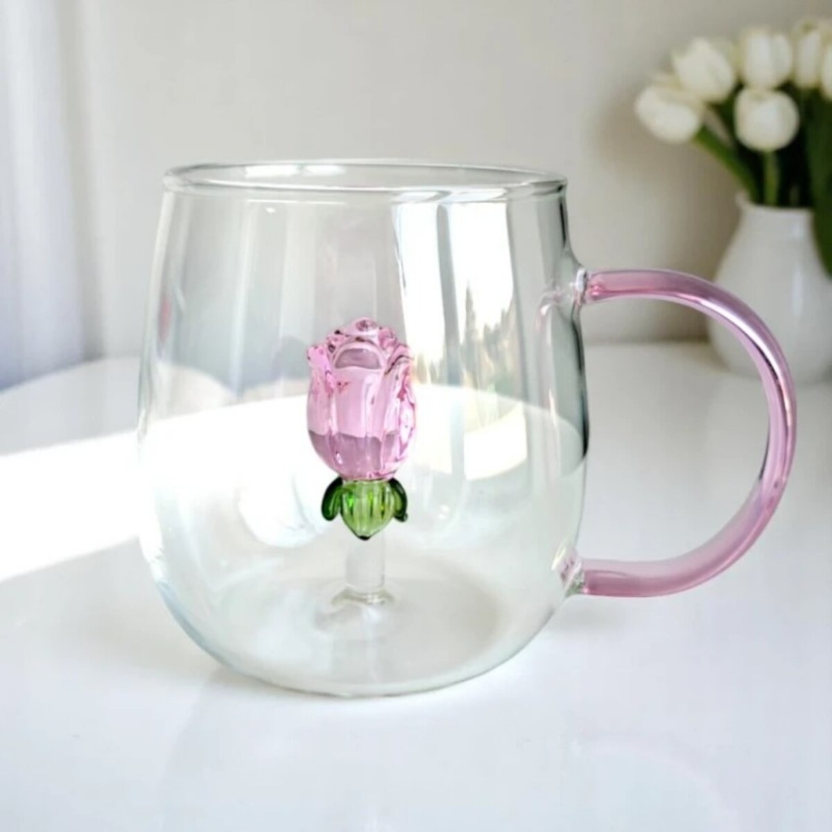 Szklanka ze szklanym tulipanem w środku, różowa rączka 400ml - SZK129