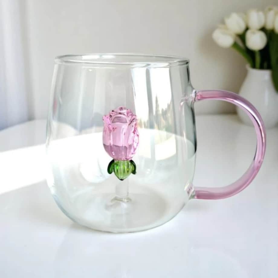 Szklanka ze szklanym tulipanem w środku, różowa rączka 400ml - SZK129