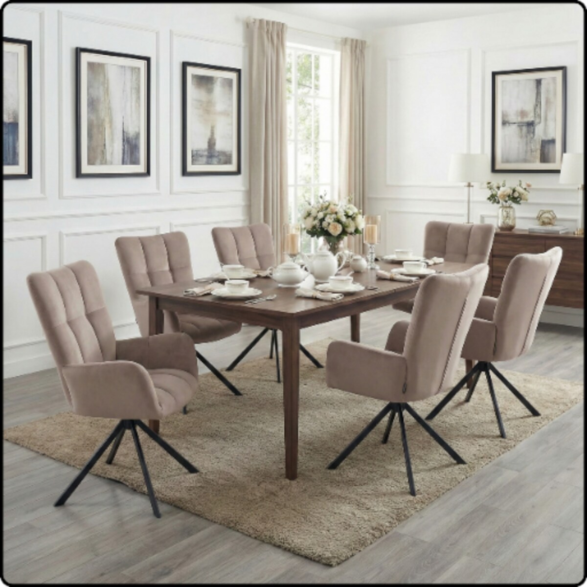 Krzesło tapicerowane obrotowe 180 do salonu jadalni nowoczesne welurowe szaro-beżowe