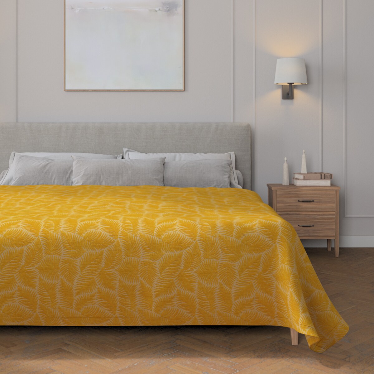 Pled narzuta 220x260cm 220x260 miodowe liście paproci na beżowym tle