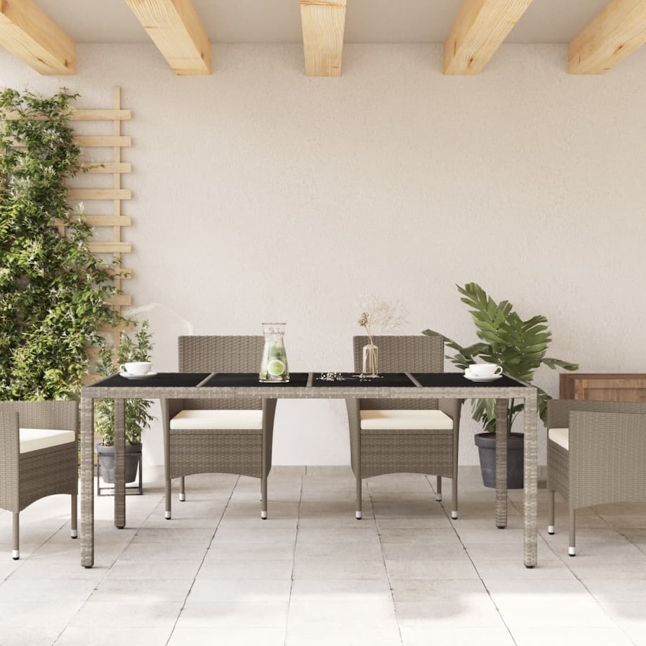 vidaXL Stół ogrodowy ze szklanym blatem, szary 190x90x75 cm, rattan PE
