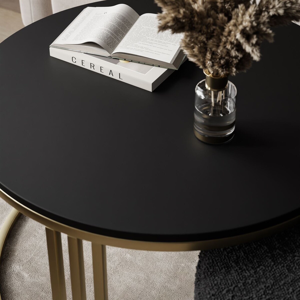 Stolik kawowy z pufą LORI MAT złoto szczotkowane, czarny mat / Coral 60