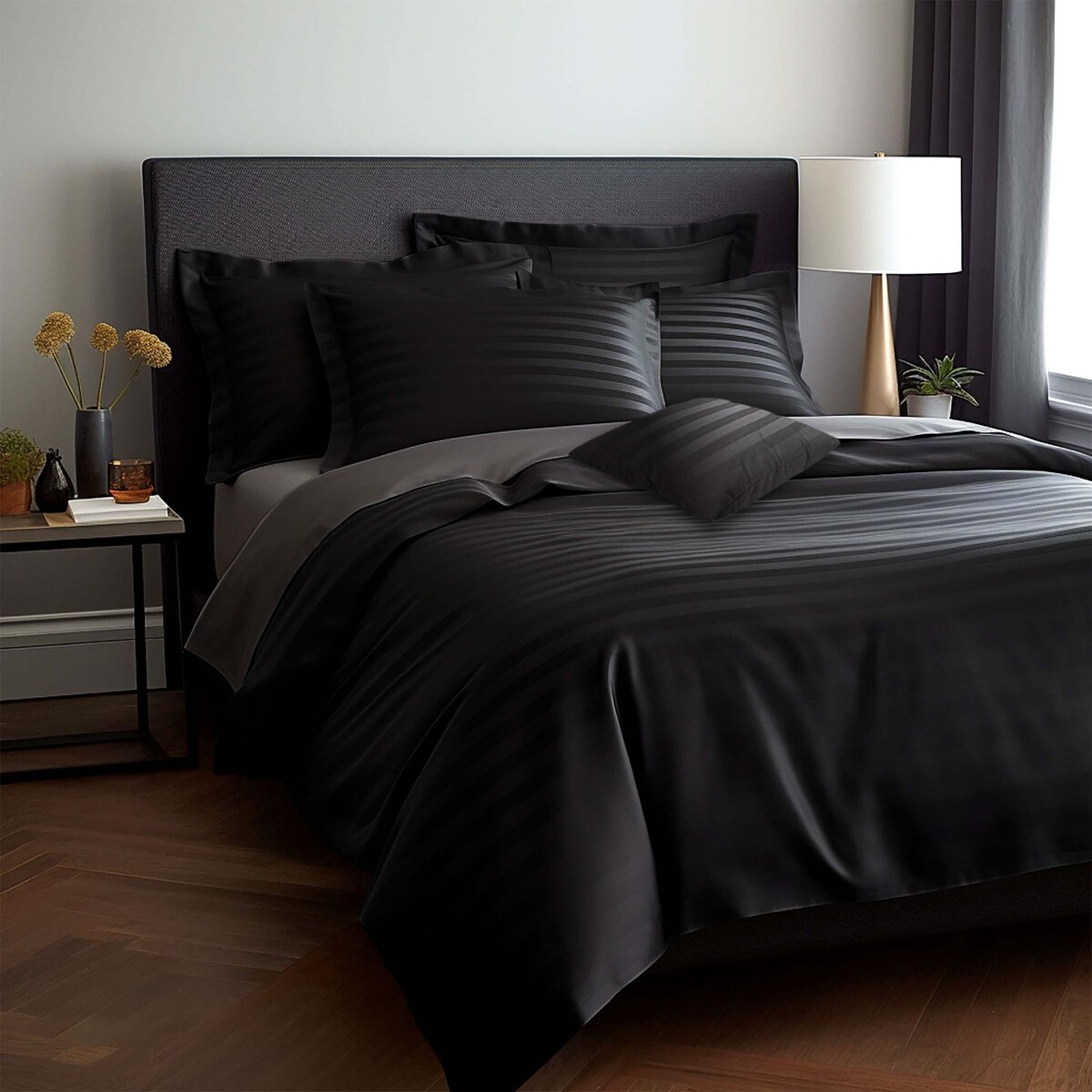 Pościel bambusowa satyna bawełniana 140x200 Bamboo paski, czarna