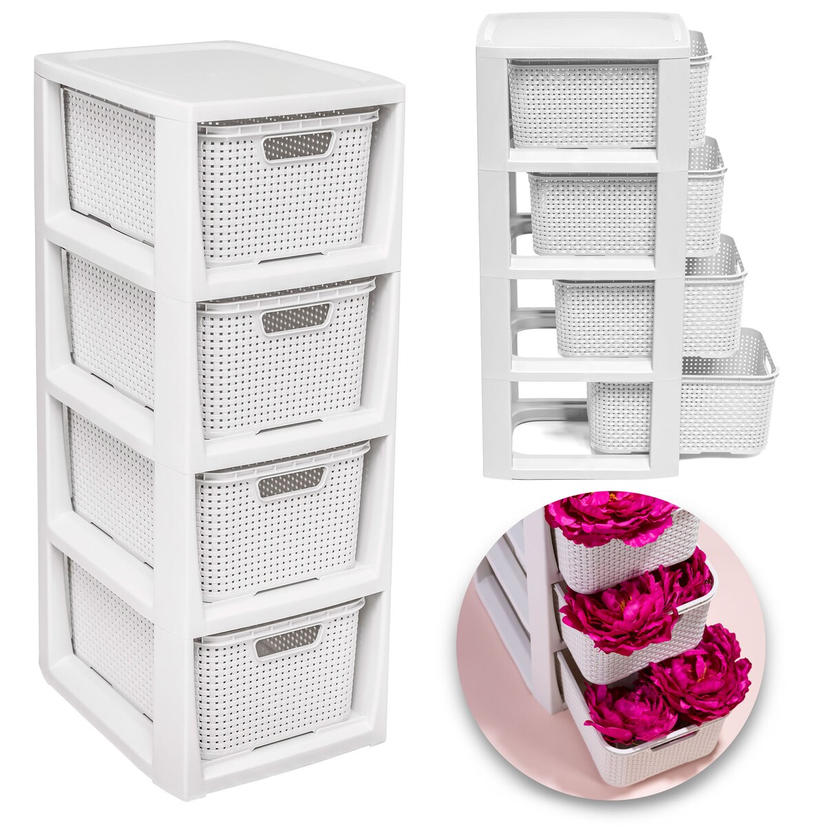 Regał Stojak Łazienkowy Rattanowy Szafka Z Koszami 4 X 7L Biały