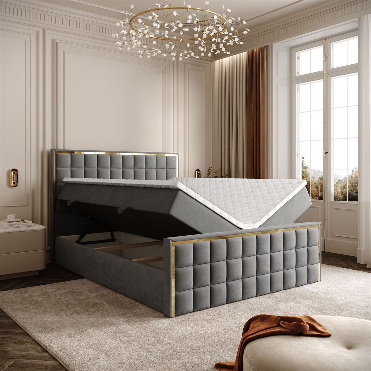 Łóżko kontynentalne ISADORA II GOLD, pojemnik na pościel, 180x200, RV 250, topper