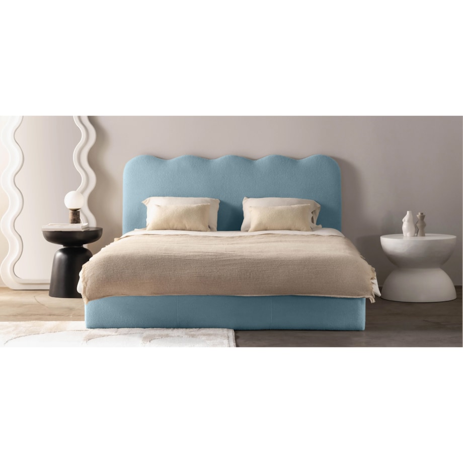 Łóżko 160x200 cm ze stelażem i pojemnikiem bouclé niebieskie