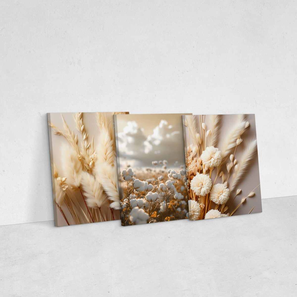 3x Obraz Na Płótnie Set Kwiaty Bawełna Trawy Natura Styl Boho Rośliny 30x40cm